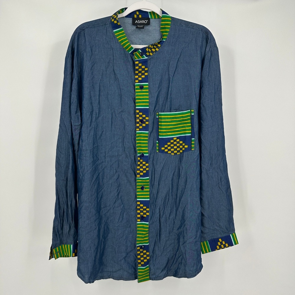Ashro Blue Button-Down Shirt with Green and Yellow Trim